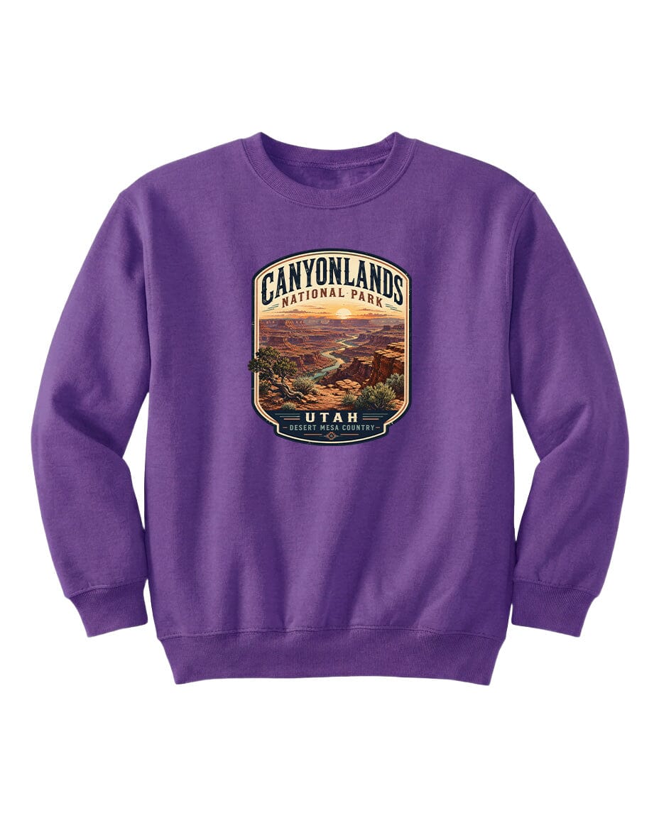 A purple sweatshirt with a graphic design depicting the scenic landscape of Canyonlands National Park in Utah.