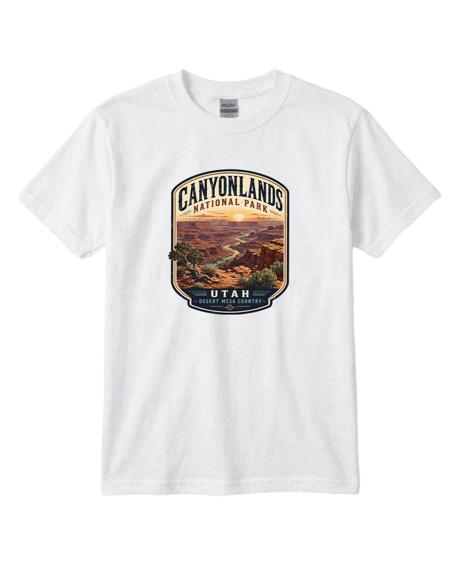 A white t-shirt with a graphic design depicting a scenic landscape, specifically the Canyonlands National Park in Utah.