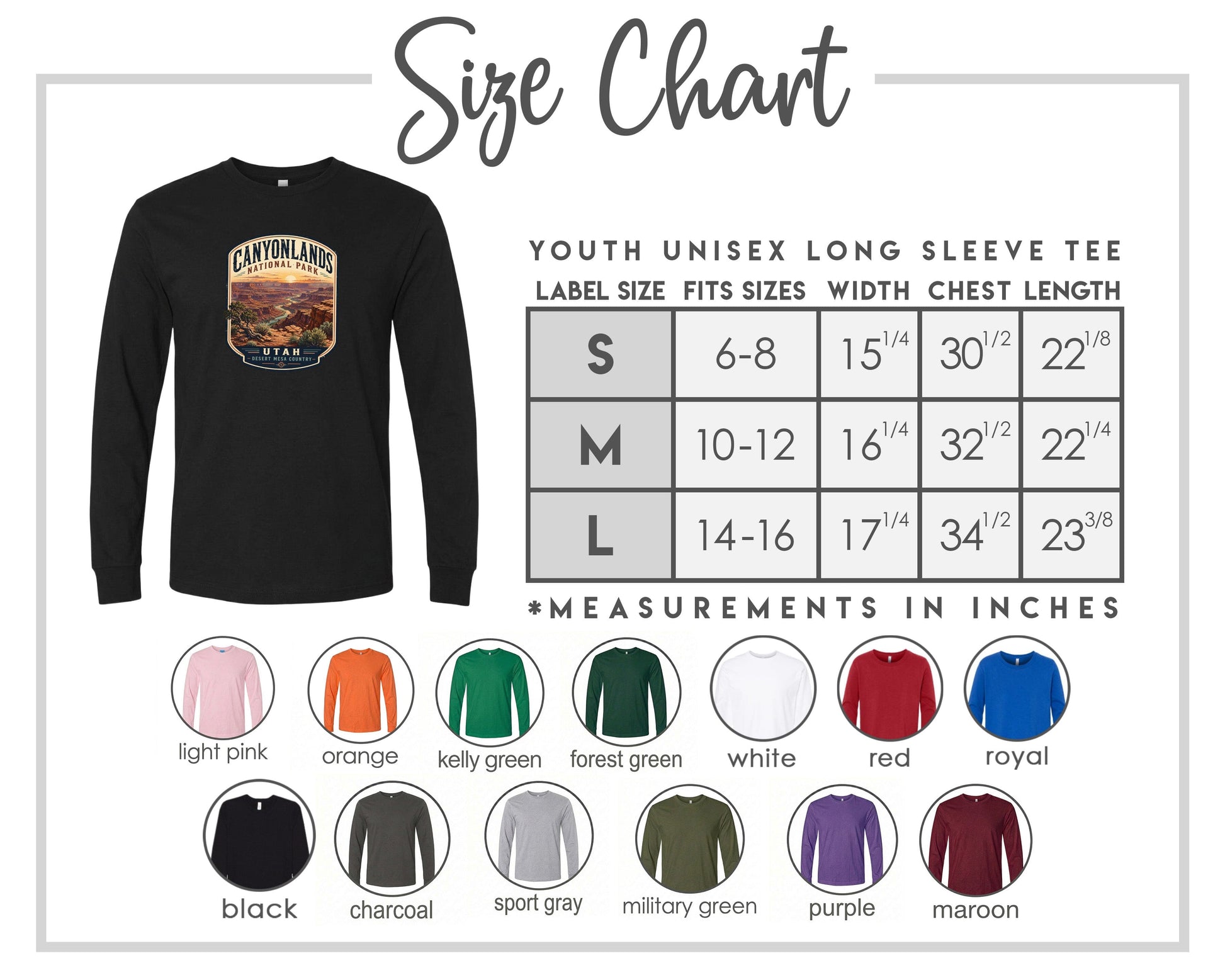 The image is a size chart for a youth unisex long sleeve tee, including various color options and corresponding measurements.