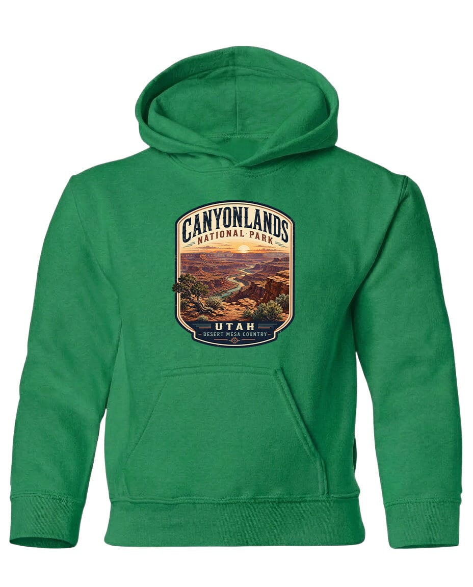 A green hoodie with a graphic design depicting the Canyonlands National Park in Utah.