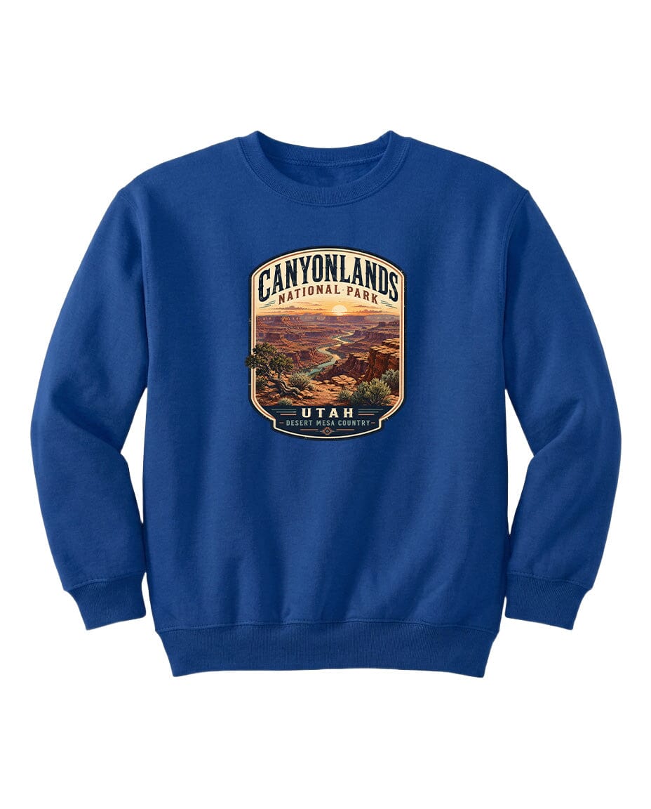 A blue sweatshirt with a graphic design depicting the scenic landscape of Canyonlands National Park in Utah.