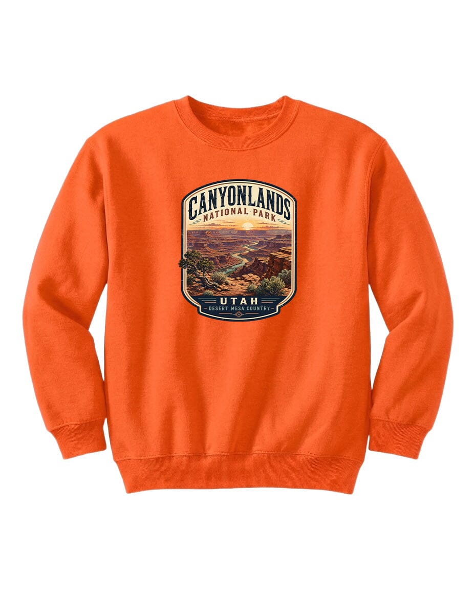 An orange sweatshirt with a graphic design depicting the scenic landscape of Canyonlands National Park in Utah.