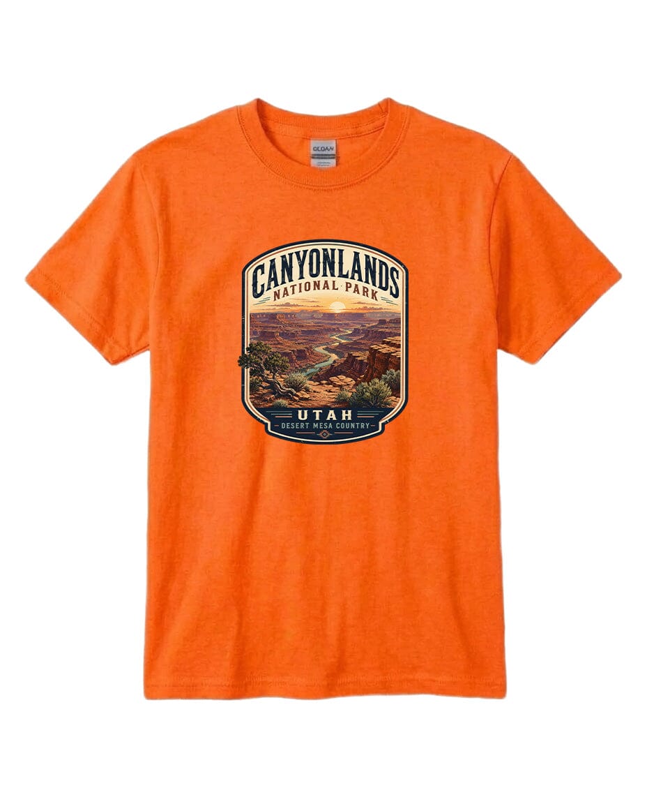 An orange t-shirt with a graphic design depicting the scenic landscape of Canyonlands National Park in Utah.