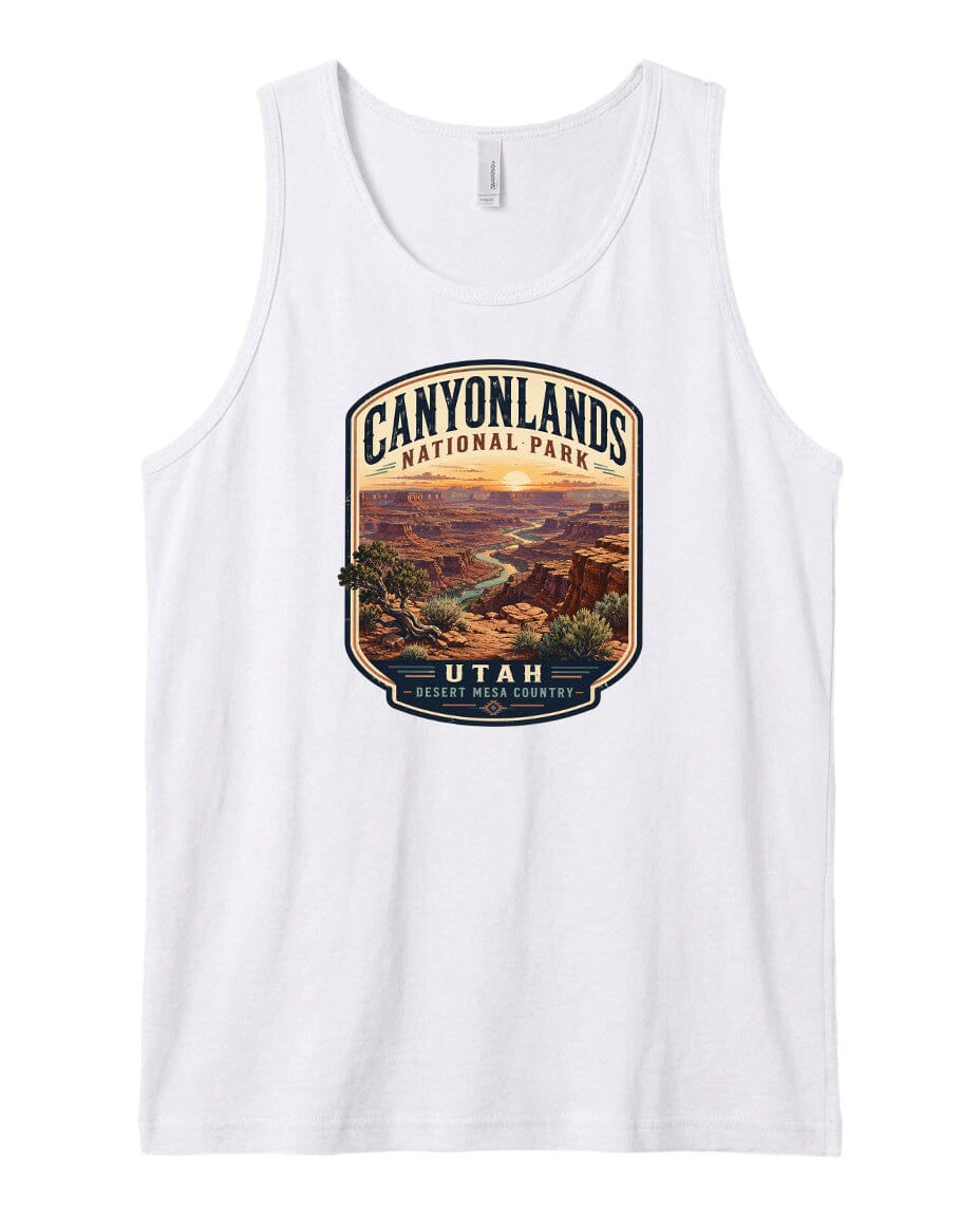 a white tank top with a graphic design depicting a scenic view of the Canyonlands National Park in Utah.