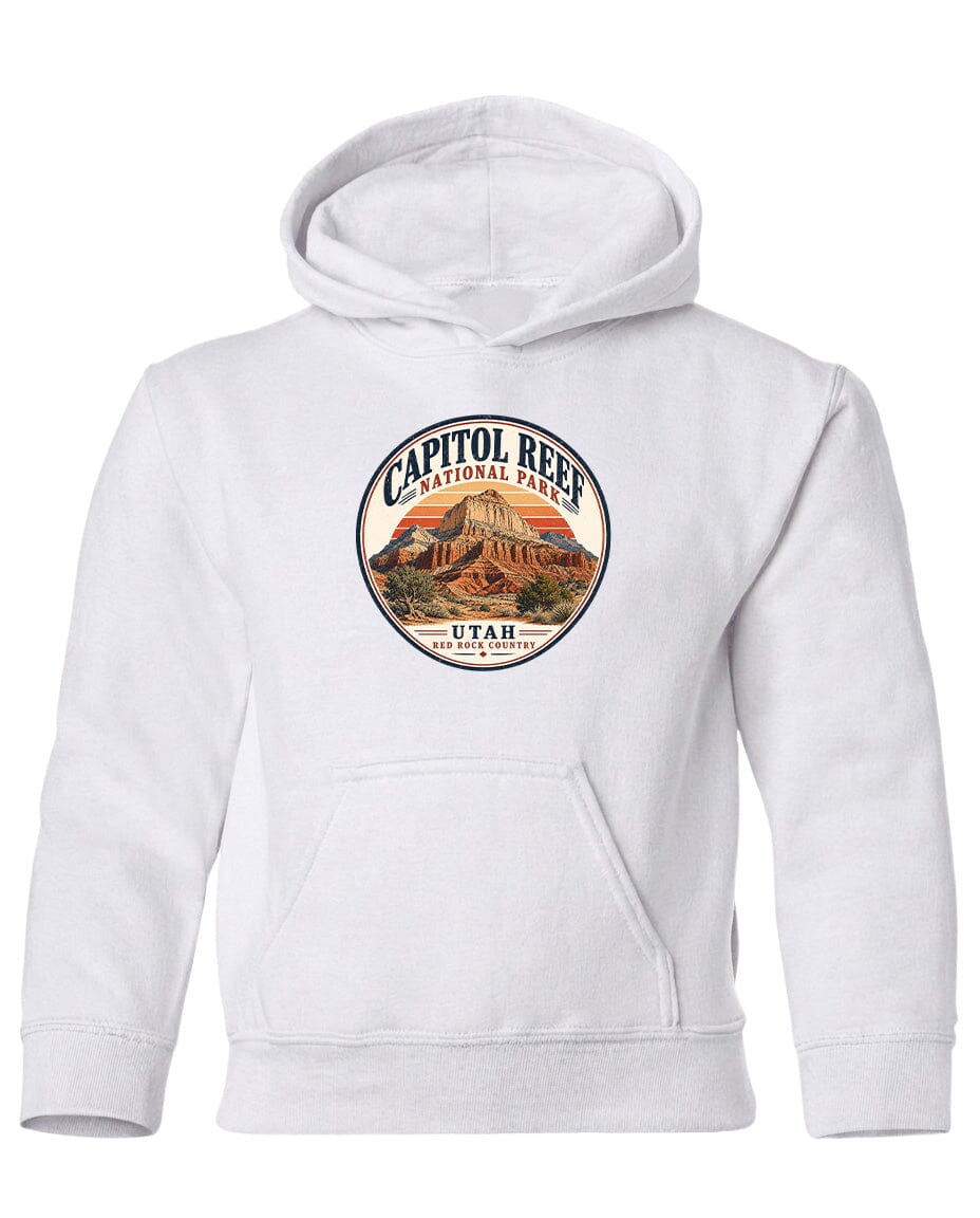 A white hoodie with a circular design featuring the Capitol Reef National Park logo.