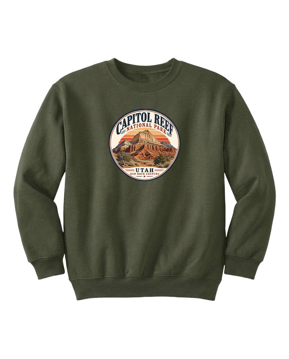 A dark green sweatshirt with a circular graphic design featuring the Capitol Reef National Park logo and the text "UTAH" printed on it.