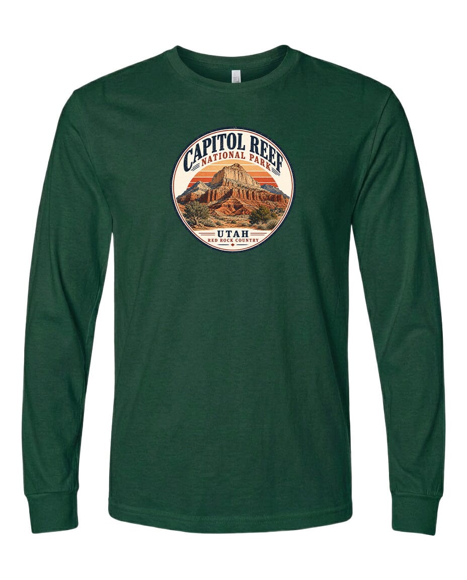 A green long-sleeved t-shirt with a circular design featuring the Capitol Reef National Park in Utah.