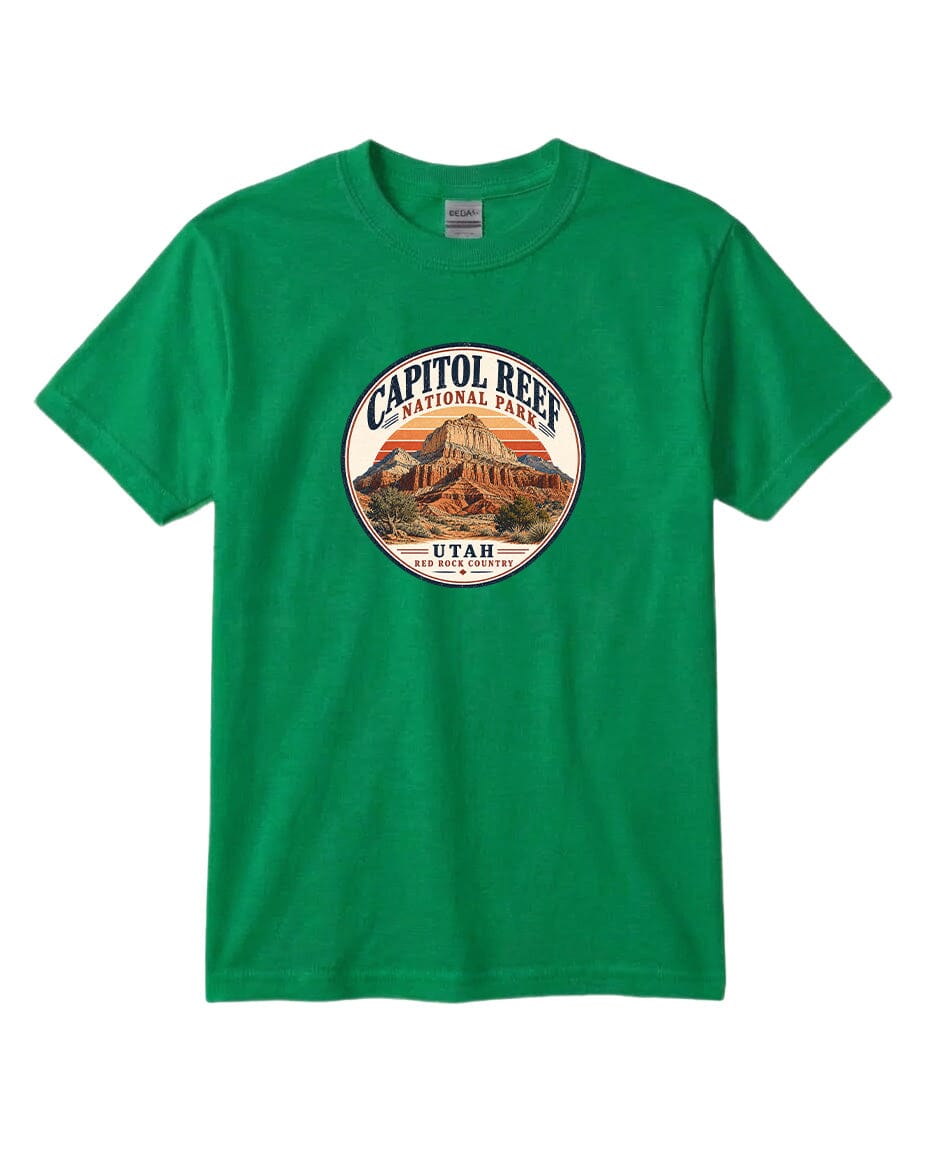 A green t-shirt with a circular graphic design featuring the Capitol Reef National Park in Utah.