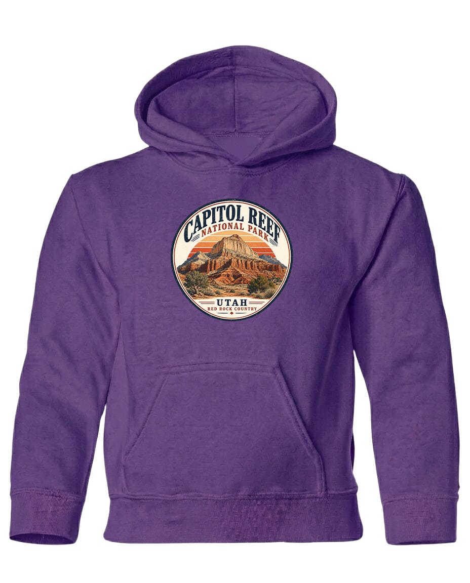 A purple hoodie with a circular design featuring the Capitol Reef National Park logo and the text "UTAH" printed on it.