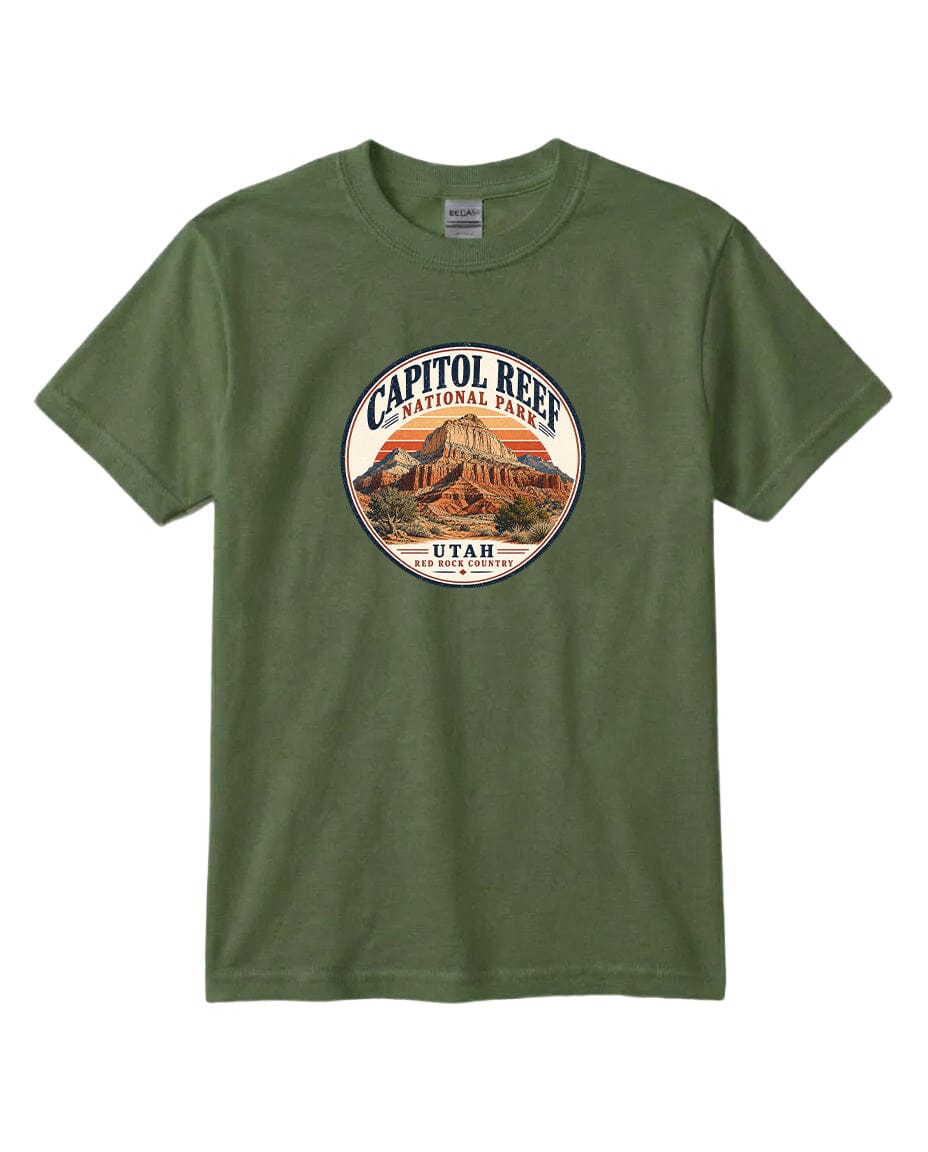 A green t-shirt with a circular graphic design featuring the Capitol Reef National Park in Utah.