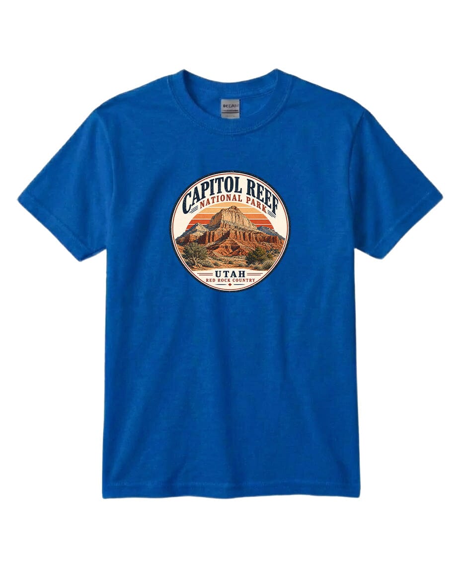 A blue t-shirt with a circular graphic design featuring the Capitol Reef National Park in Utah.