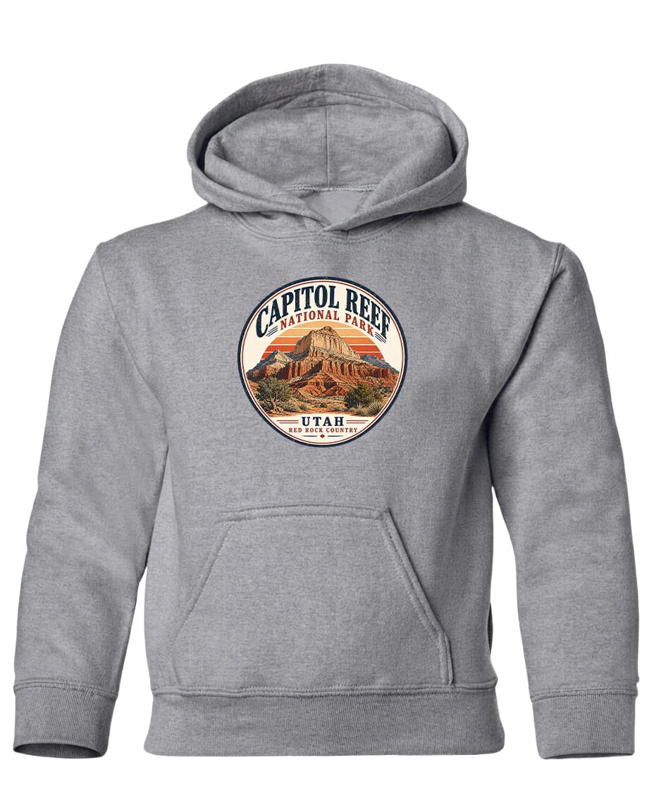 A gray hooded sweatshirt with a circular design featuring the Capitol Reef National Park logo.