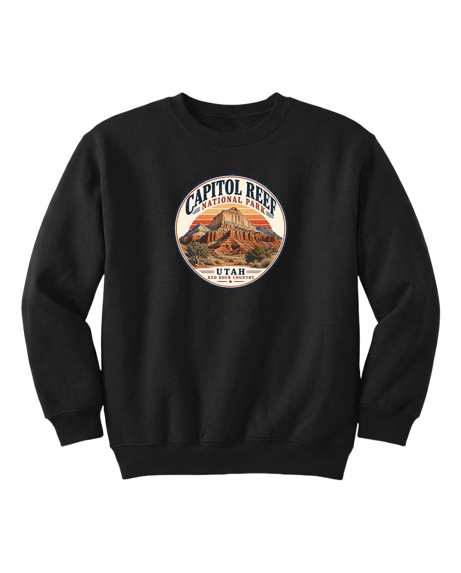 A black sweatshirt with a circular design featuring the Capitol Reef National Park logo and the text "UTAH" printed on it.