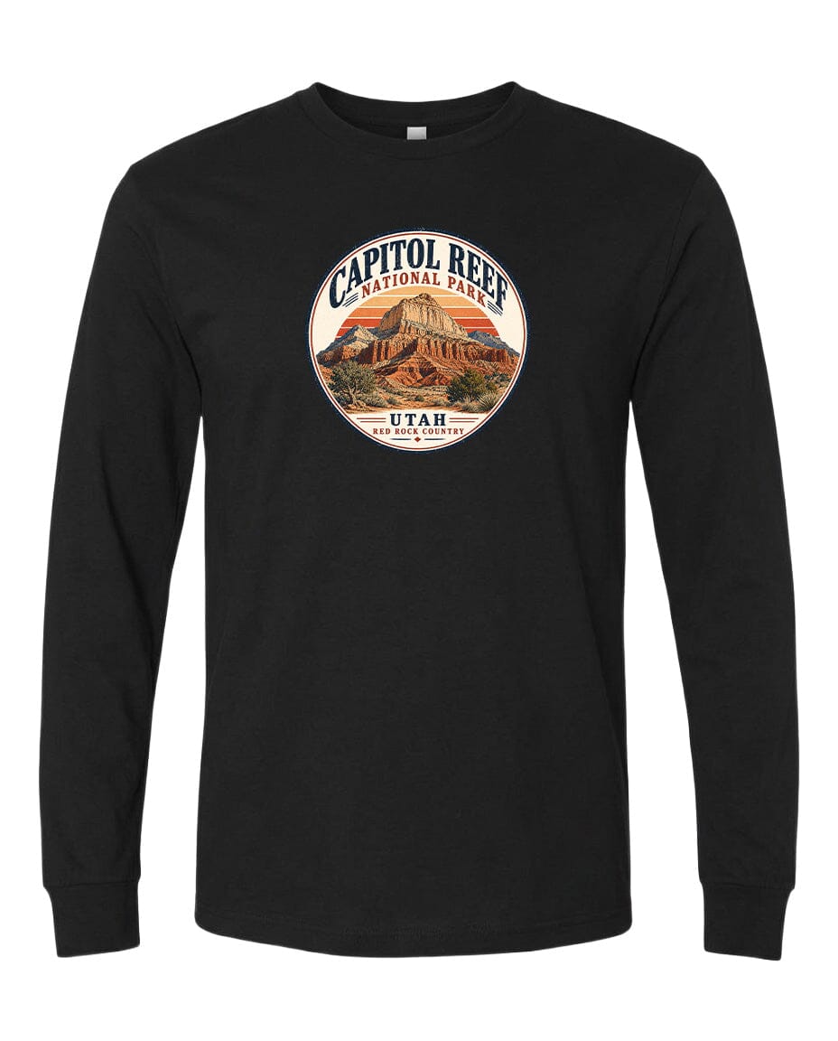 A black long-sleeved t-shirt with a circular design featuring the Capitol Reef National Park in Utah.