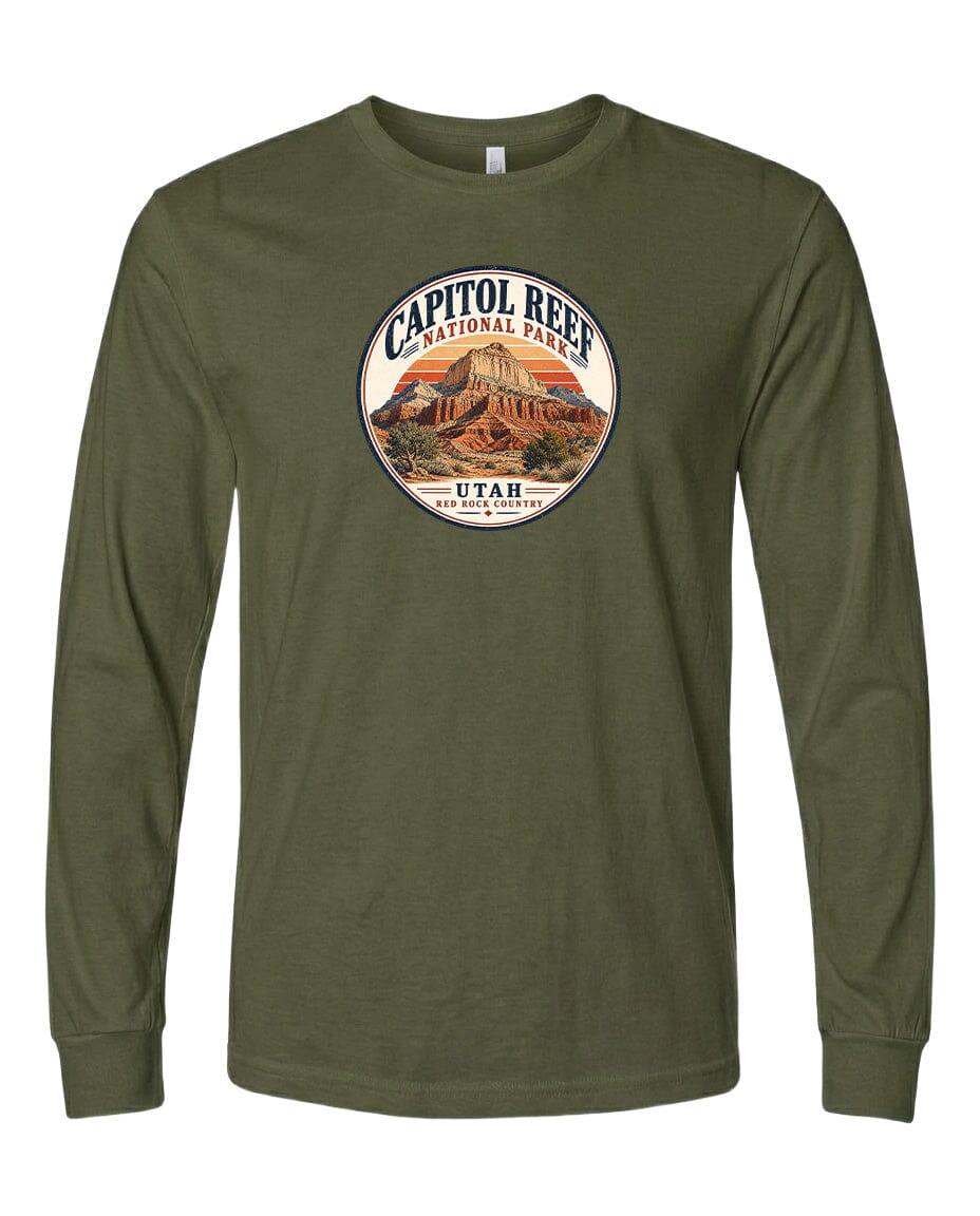 A long-sleeved olive green t-shirt with a circular graphic design featuring the Capitol Reef National Park in Utah.