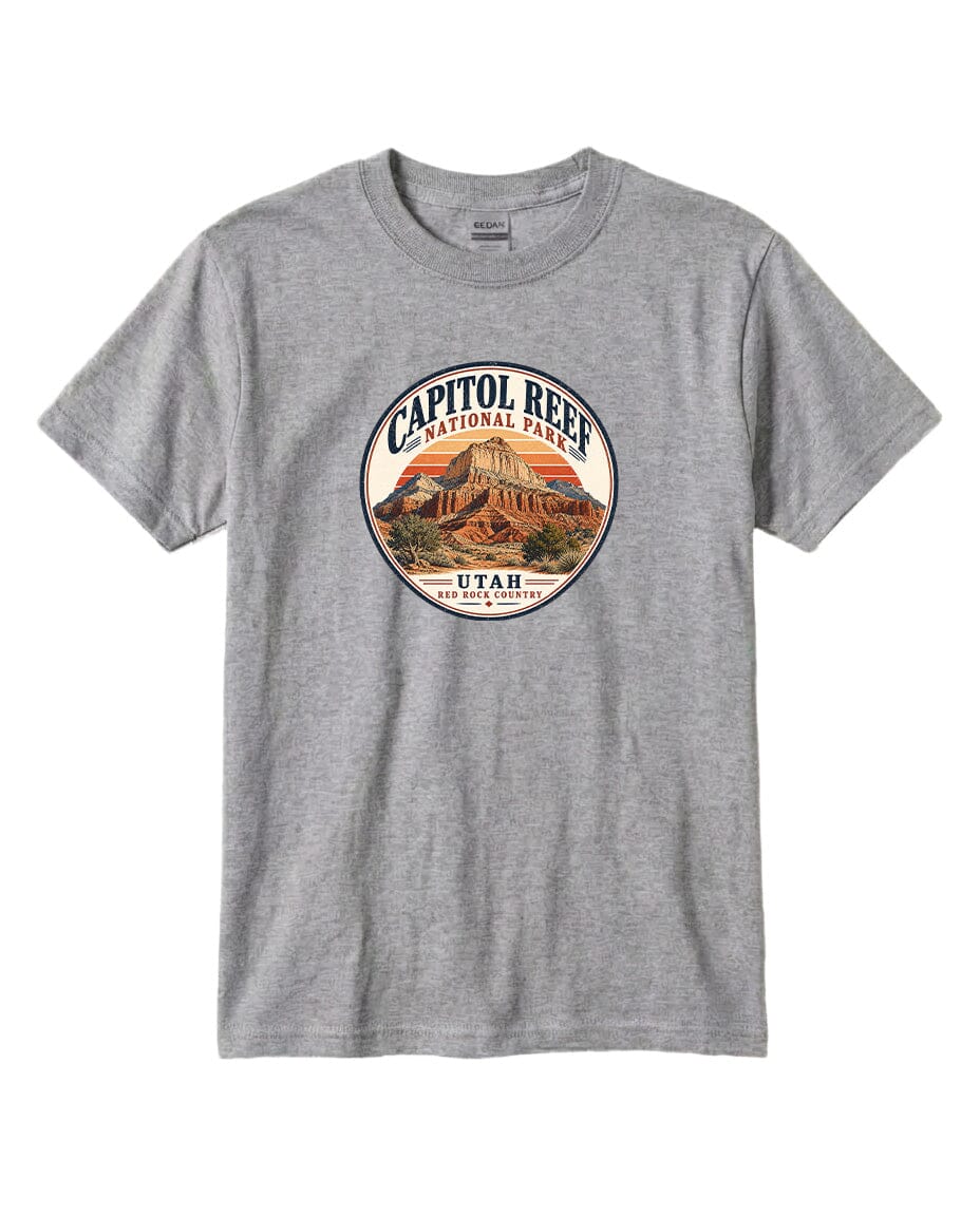A gray t-shirt with a circular graphic design featuring the Capitol Reef National Park in Utah.