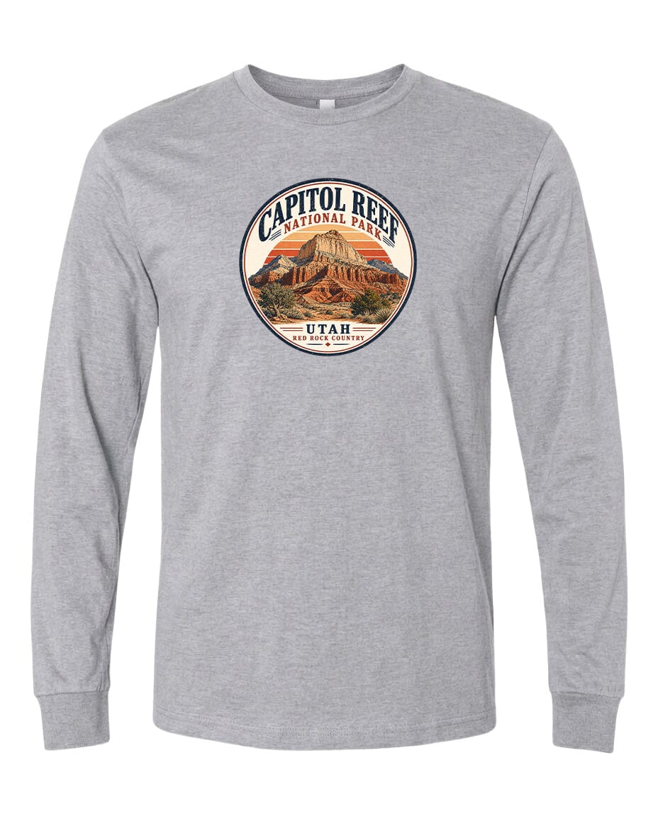 A gray long-sleeved t-shirt with a circular graphic design featuring the Capitol Reef National Park in Utah.