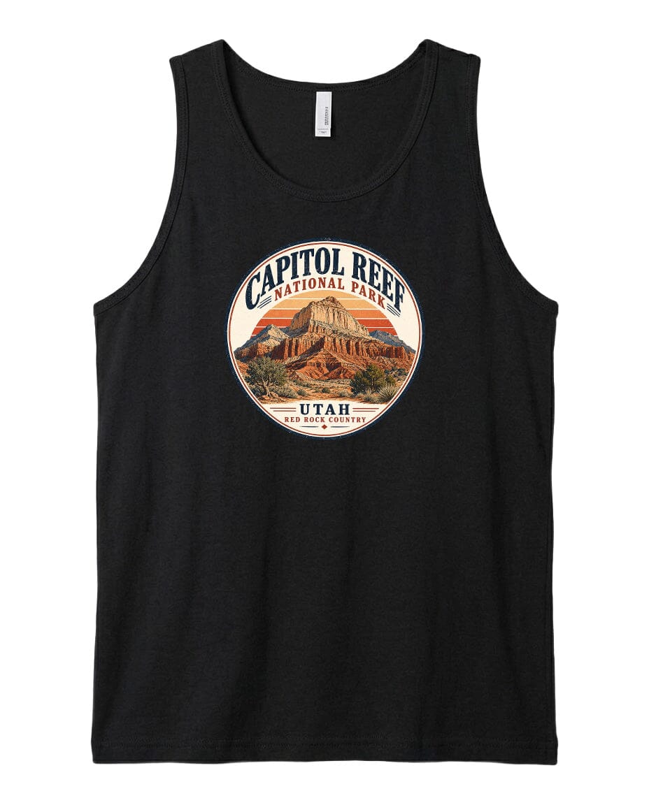 A black tank top with a circular graphic design featuring the Capitol Reef National Park in Utah.