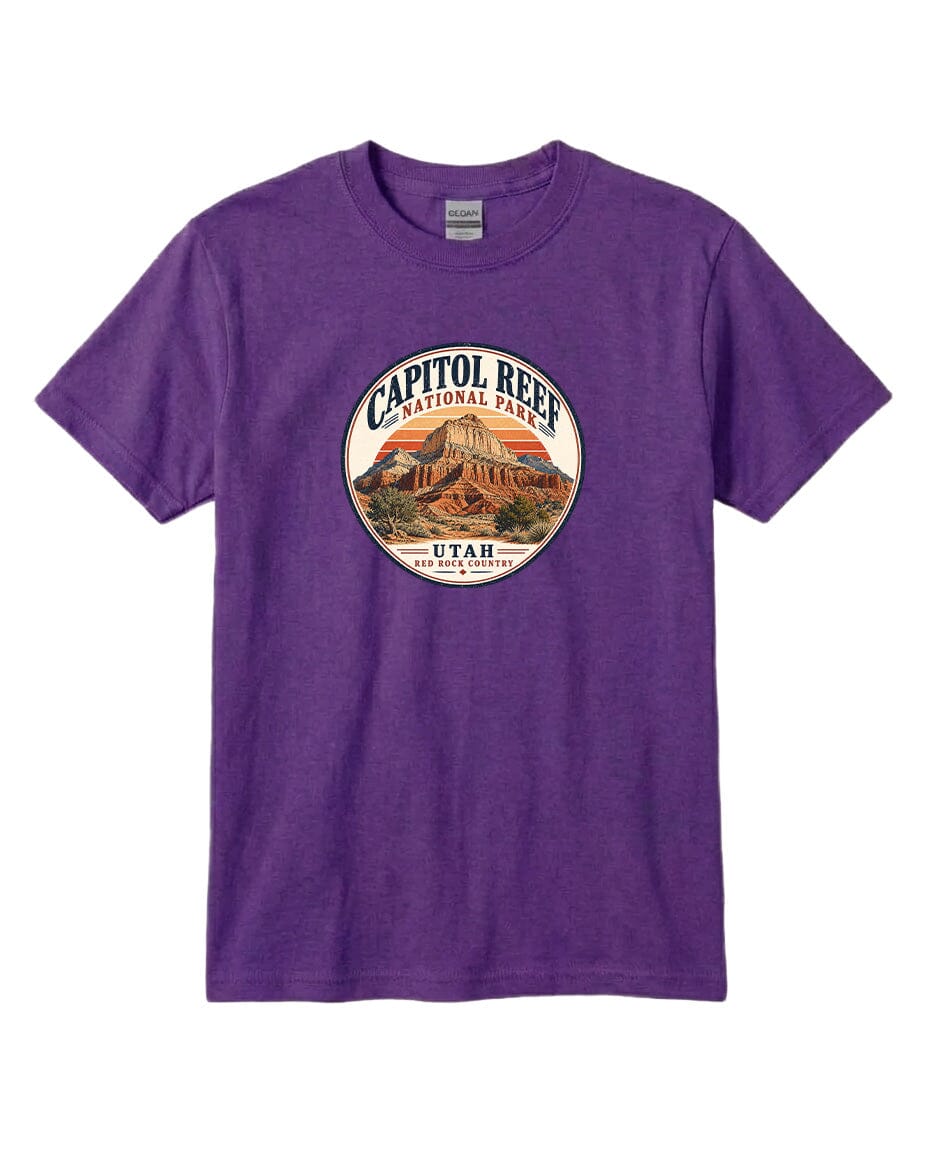 A purple t-shirt with a circular graphic design featuring the Capitol Reef National Park in Utah.