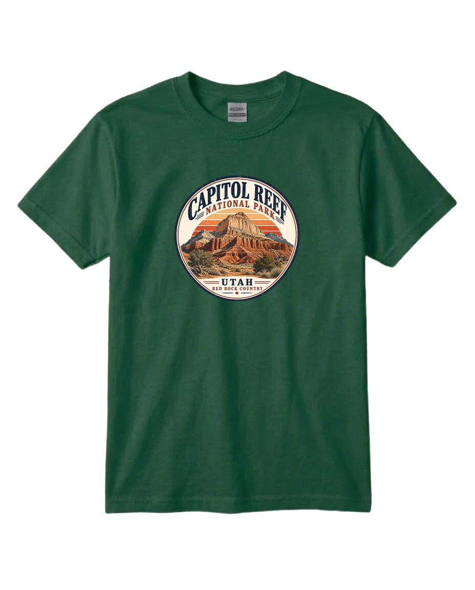 A green t-shirt with a circular graphic design featuring the Capitol Reef National Park in Utah.