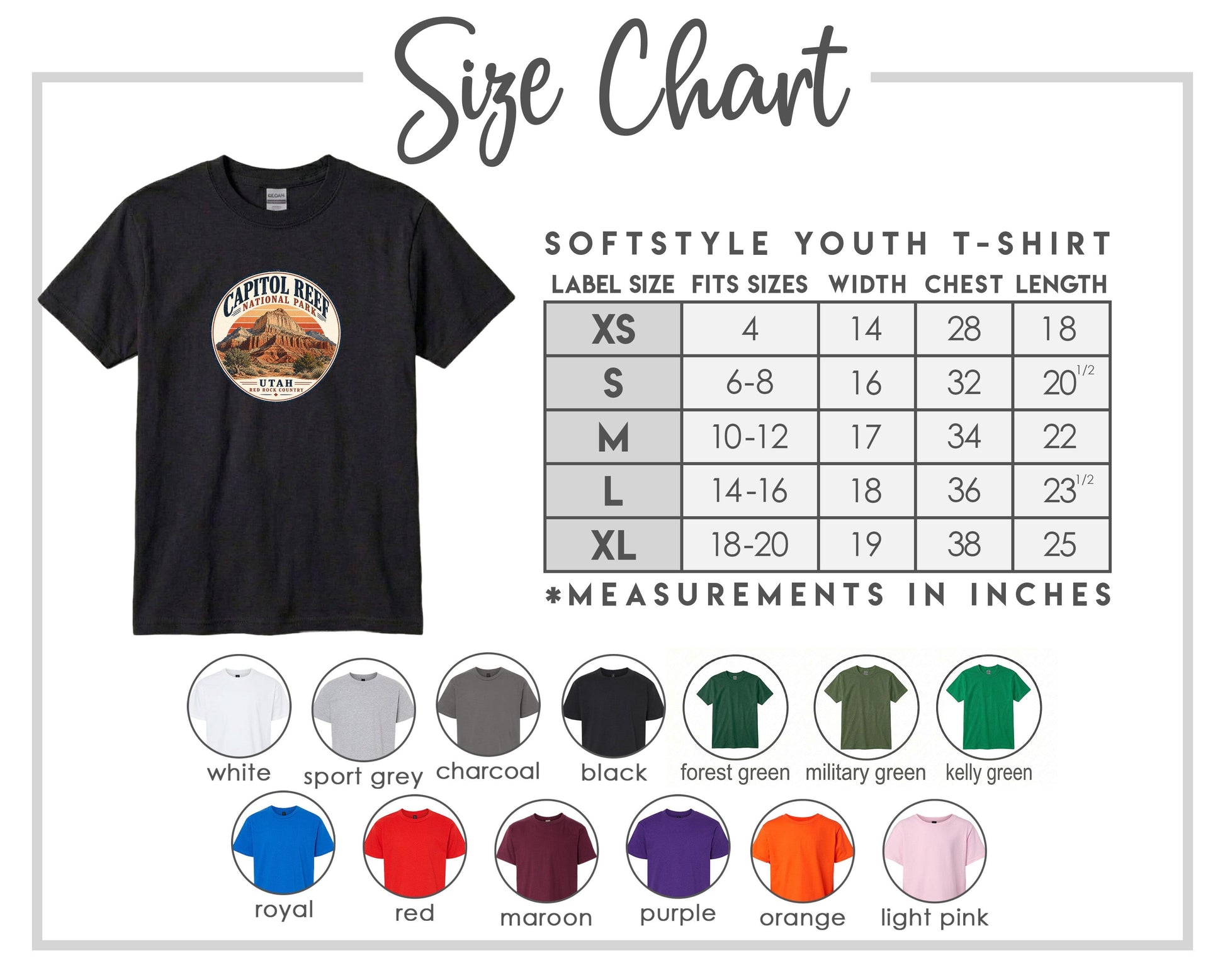 The image is a size chart for a softstyle youth t-shirt, providing measurements for different sizes and corresponding t-shirt colors.