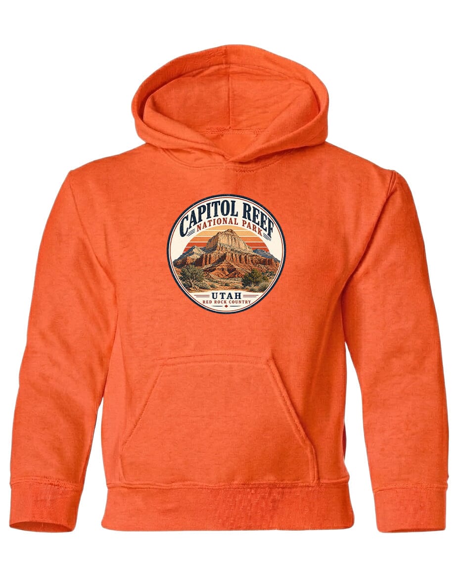 An orange hoodie with a circular logo that says "CAPITOL REEF NATIONAL PARK UTAH" printed on it.
