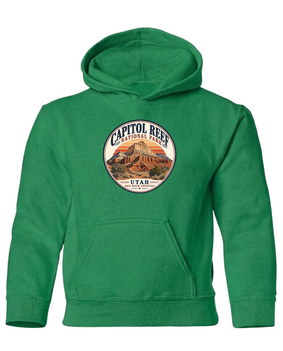 A green hoodie with a circular logo that says "CAPITOL REEF NATIONAL PARK UTAH" printed on it.