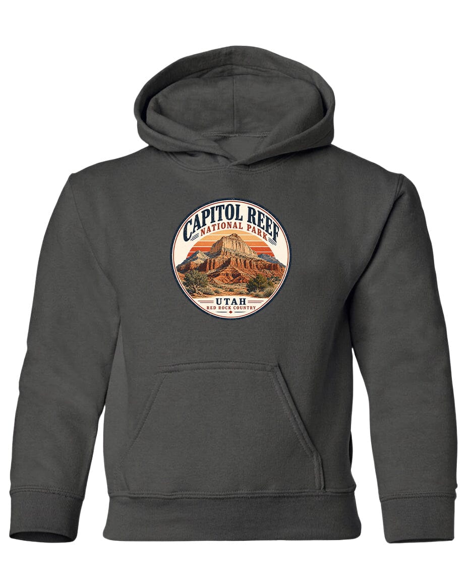 A gray hooded sweatshirt with a circular logo featuring the Capitol Reef National Park in Utah.