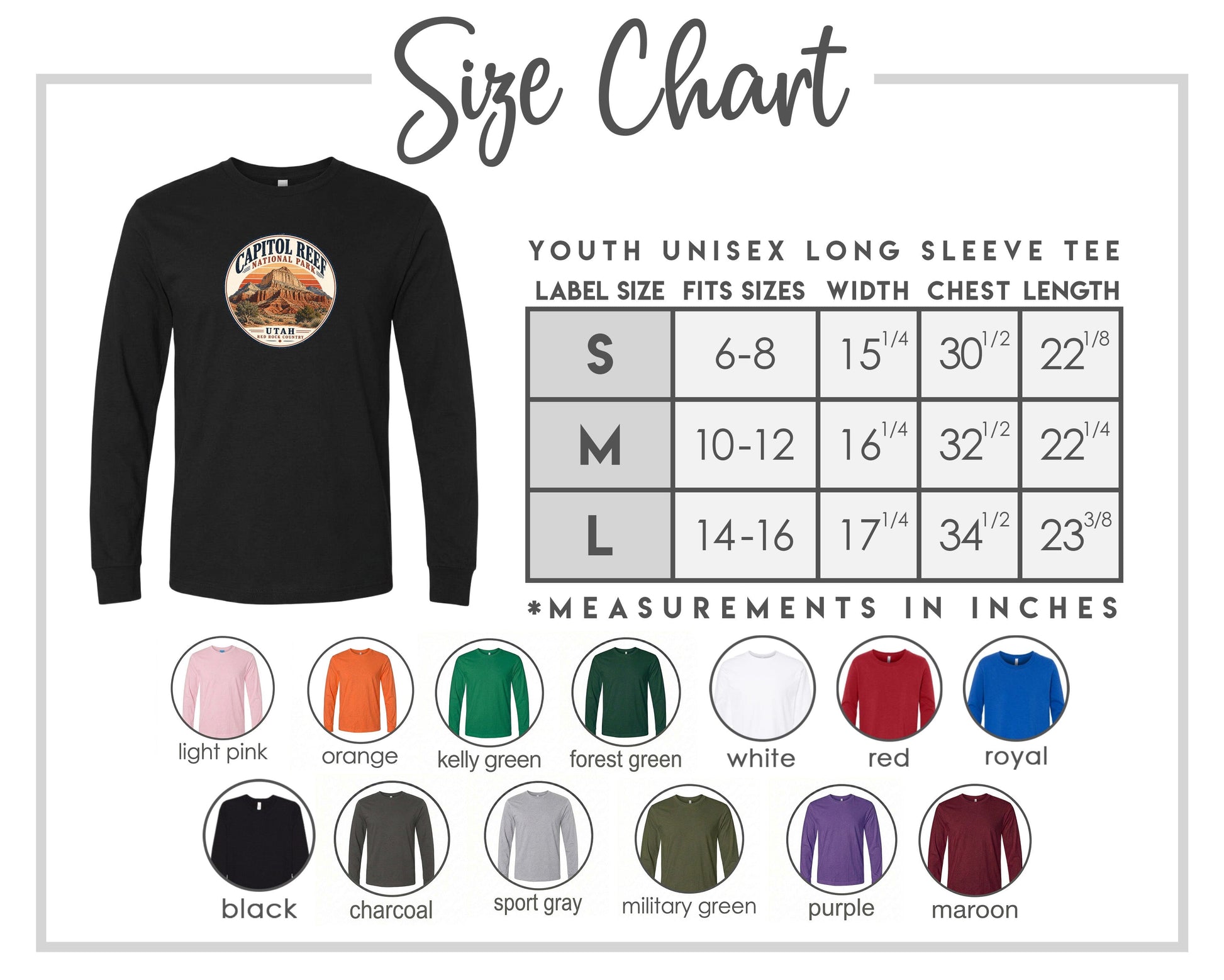The image is a size chart for a youth unisex long sleeve tee, including various color options and corresponding measurements.