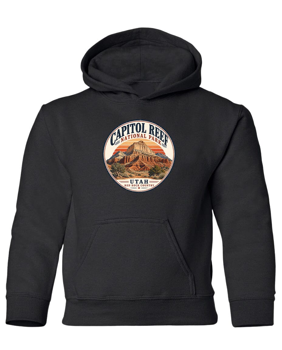 A black hoodie with a circular design featuring the Capitol Reef National Park logo and the text "UTAH" printed on it.