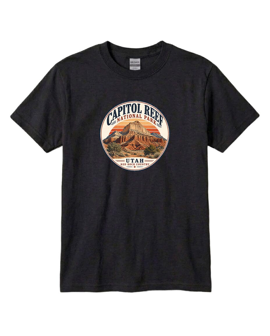 A black t-shirt with a circular graphic design featuring the Capitol Reef National Park in Utah.