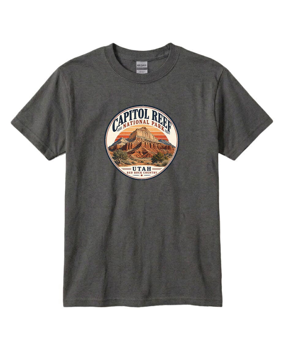 A gray t-shirt with a circular graphic design featuring the Capitol Reef National Park in Utah.