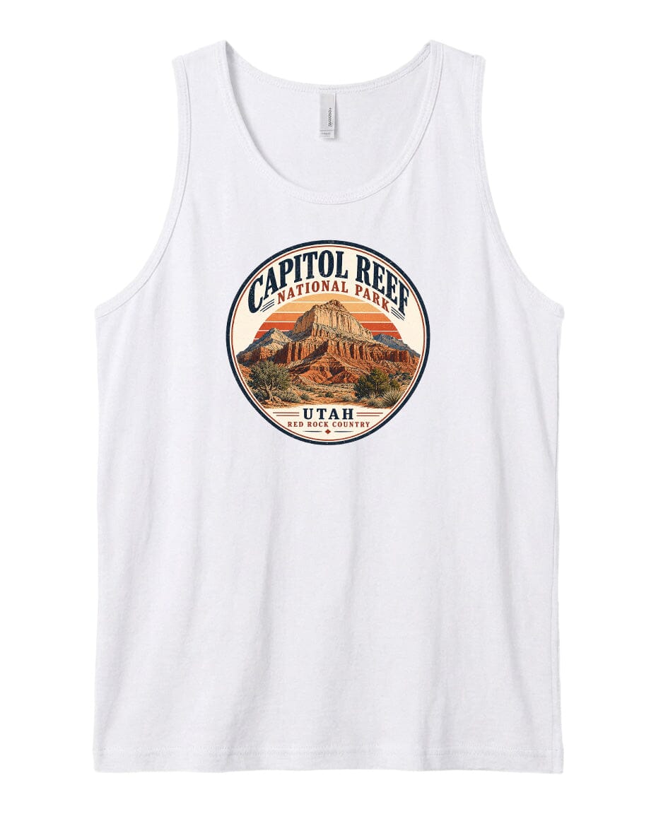 A white tank top with a circular graphic design featuring the Capitol Reef National Park in Utah.
