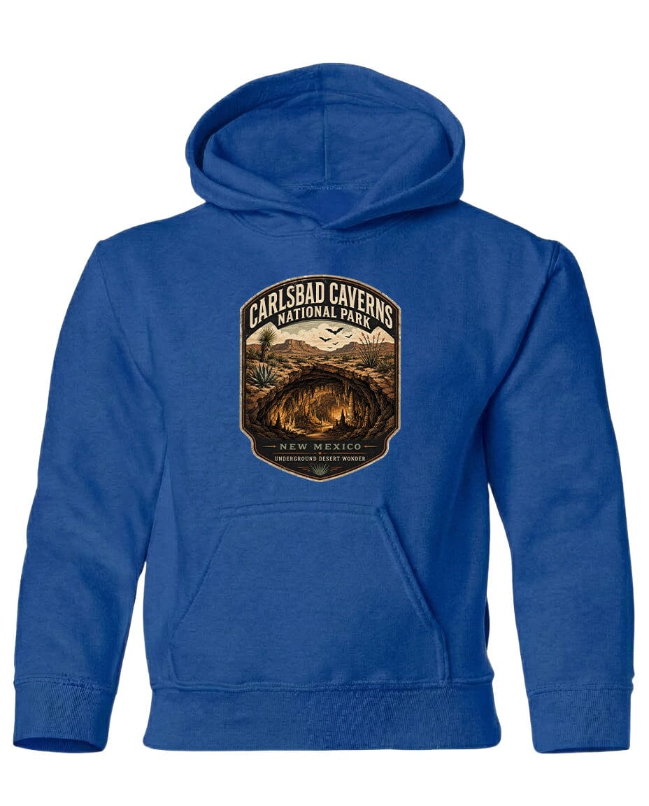 A blue hoodie with a graphic design depicting the Carlsbad Caverns National Park in New Mexico.