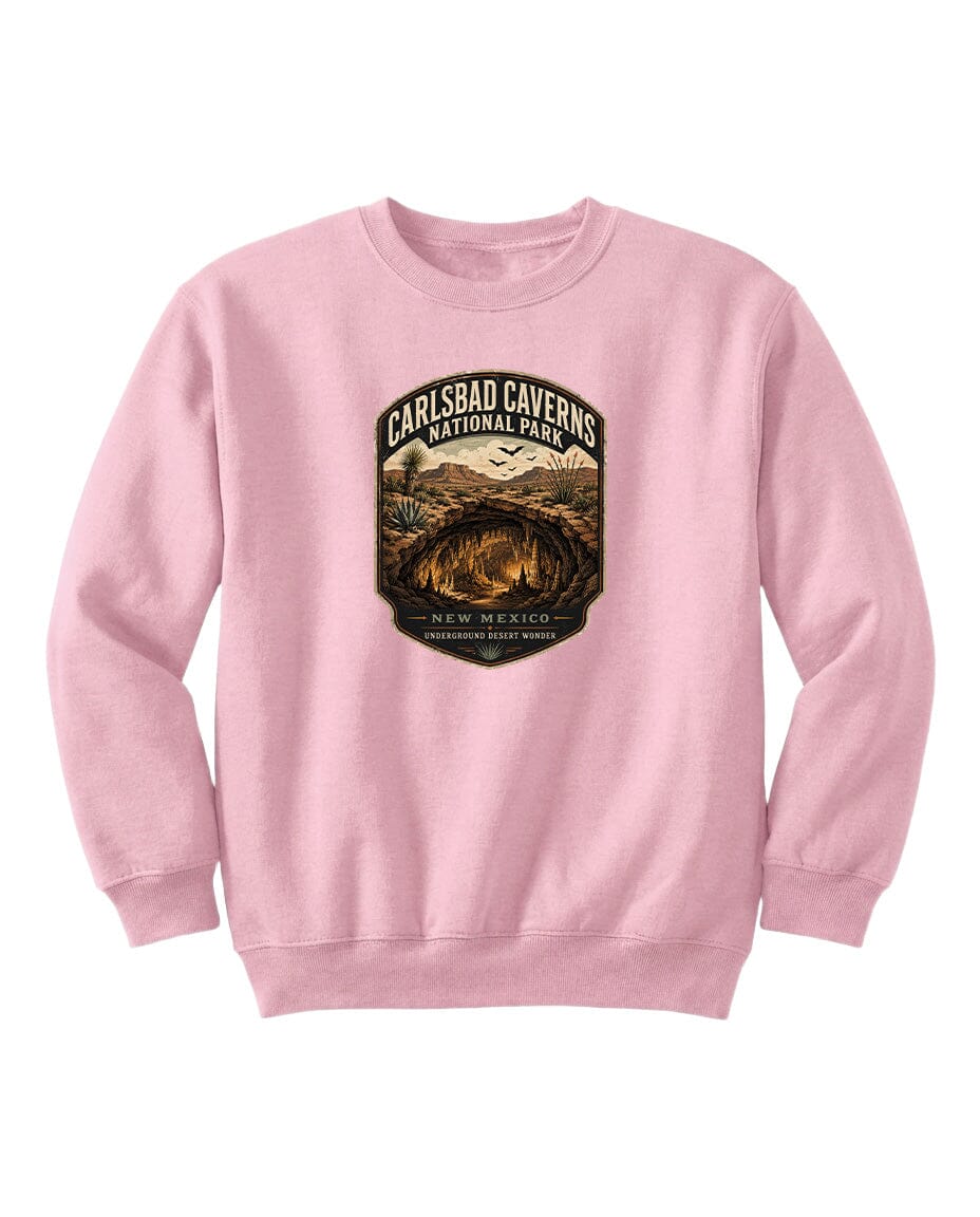 A pink sweatshirt with a graphic design featuring a desert landscape and the text "CARLSBAD CAVENS NATIONAL PARK NEW MEXICO UNDERGROUND WONDER".