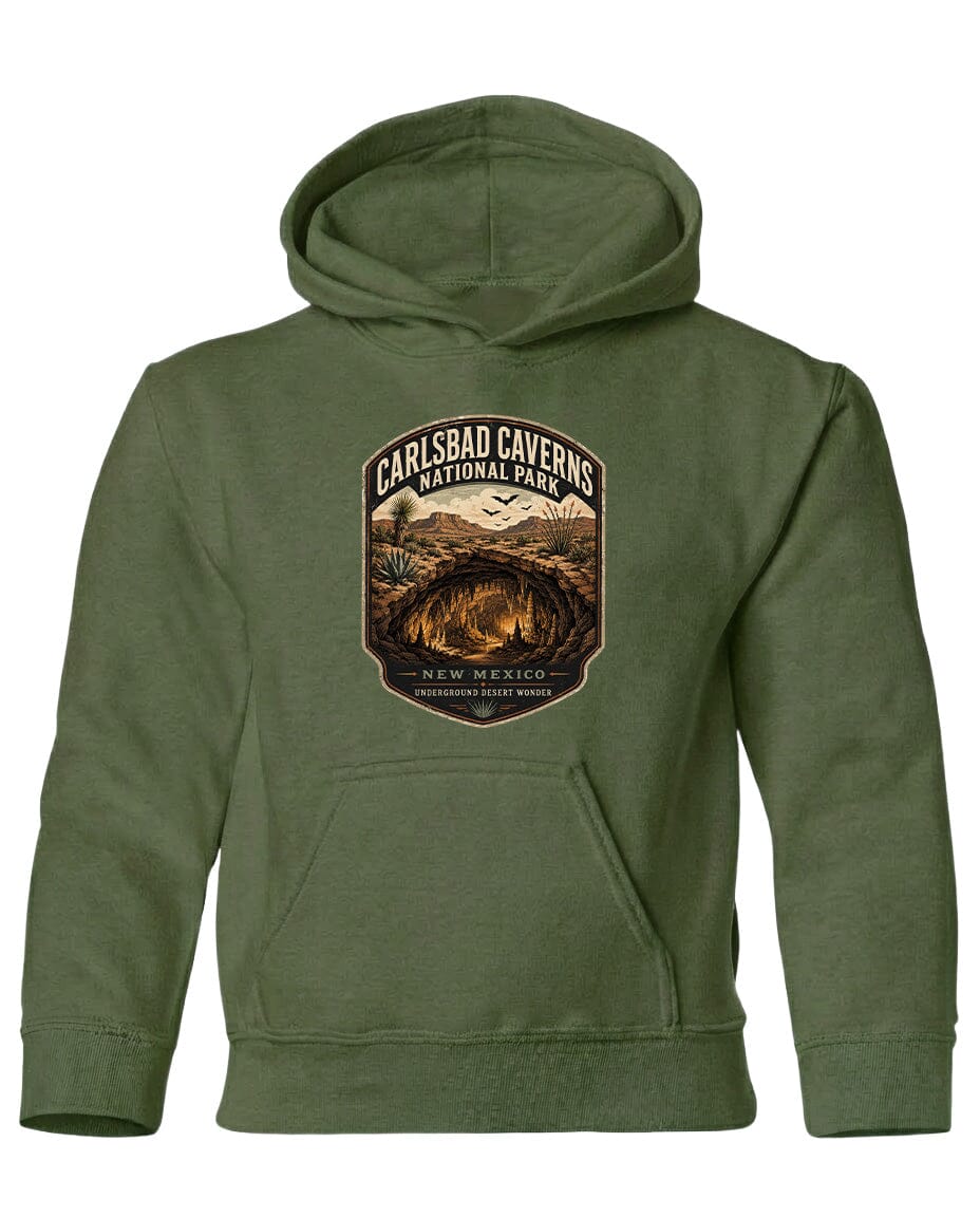 A green hoodie with a graphic design depicting a cave or natural landscape, along with text that reads "Carlsbad Caverns National Park".