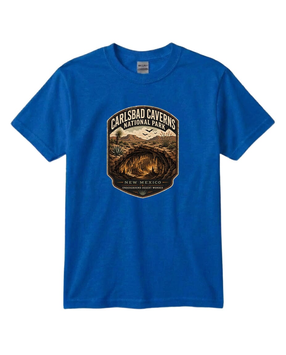 A blue t-shirt with a graphic design featuring a shield-shaped emblem with text and an illustration of a cave or natural landscape.
