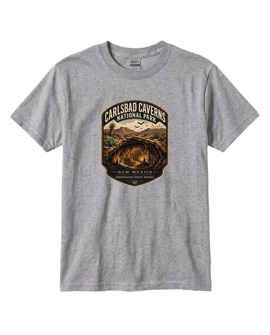 A gray t-shirt with a graphic design featuring a desert landscape and the text "CARLSBAD CAVENS NATIONAL PARK NEW MEXICO UNDERGROUND WONDERS".