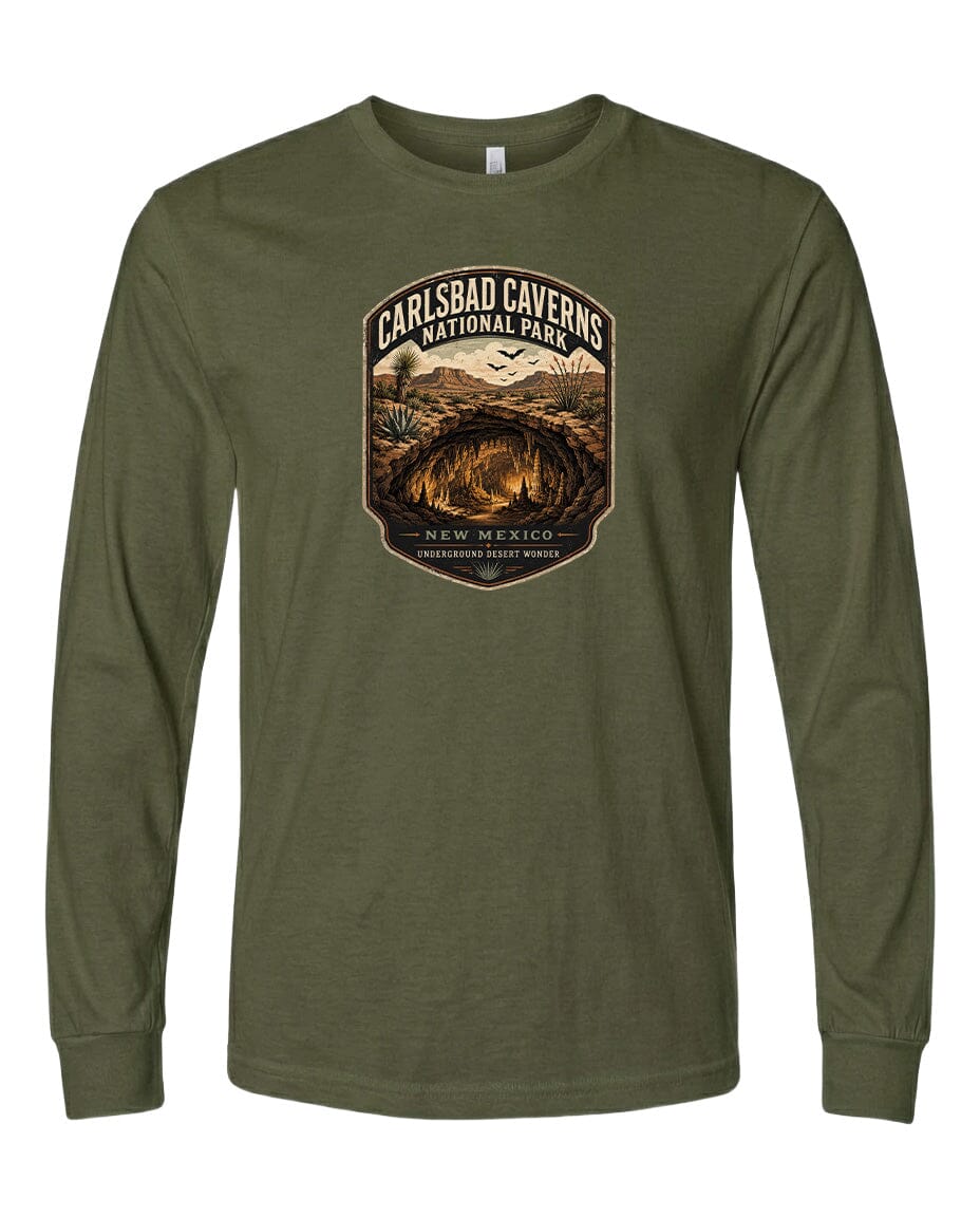 A long-sleeved olive green t-shirt with a graphic design featuring the Carlsbad Caverns National Park in New Mexico.