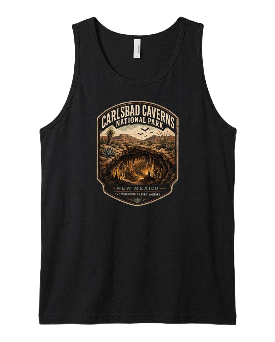 A black tank top with a graphic design depicting the Carlsbad Caverns National Park in New Mexico.