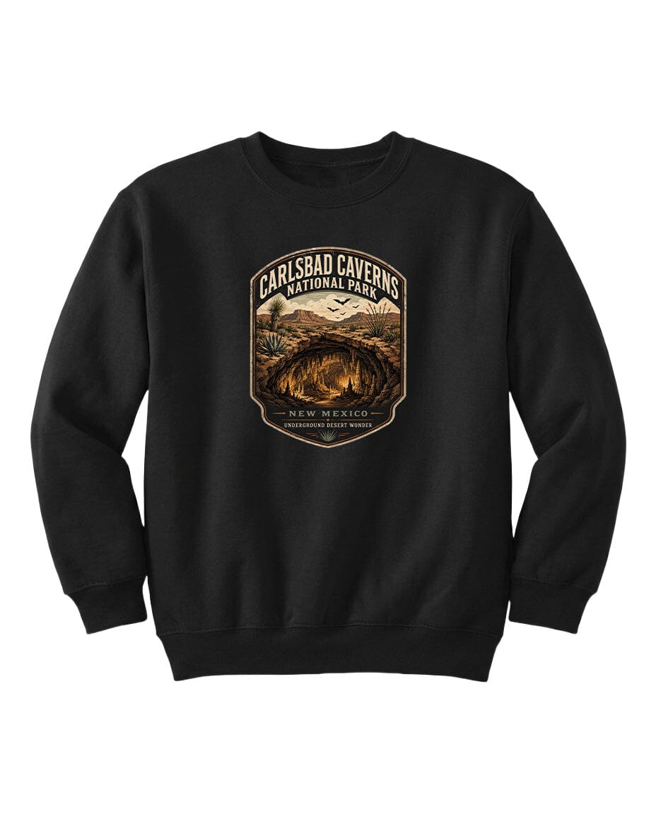 A black sweatshirt with a graphic design featuring a desert landscape and the text "CARLSBAD CAVENS NATIONAL PARK NEW MEXICO UNDERGROUND WONDER".