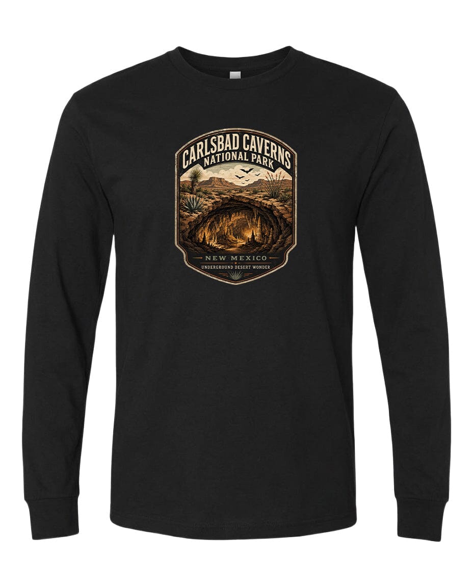 A black long-sleeve t-shirt with a graphic design depicting the Carlsbad Caverns National Park in New Mexico.
