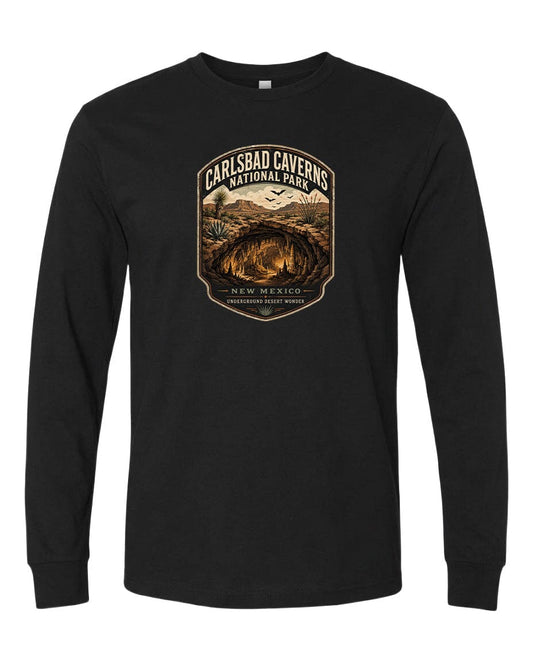 A black long-sleeve t-shirt with a graphic design depicting the Carlsbad Caverns National Park in New Mexico.