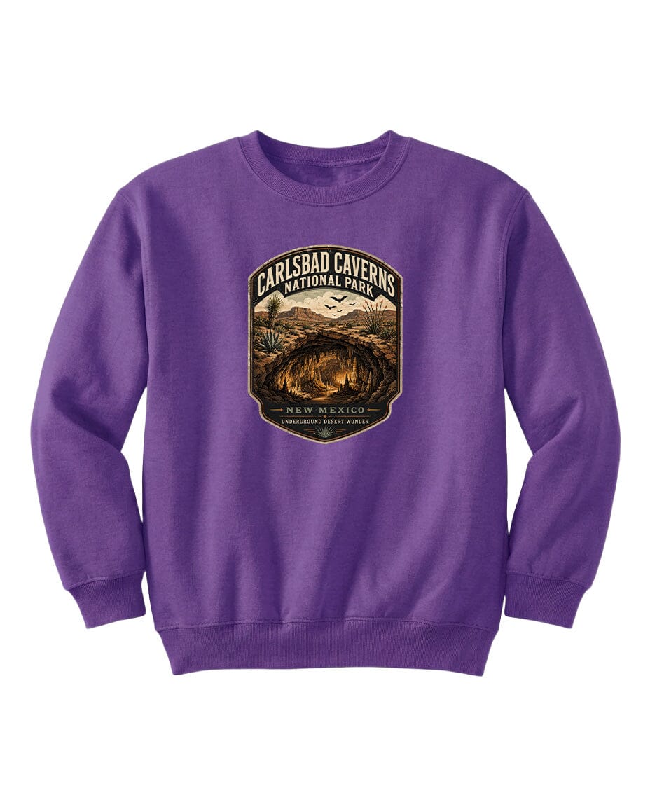 A purple sweatshirt with a graphic design featuring the entrance to the Carlsbad Caverns National Park in New Mexico.