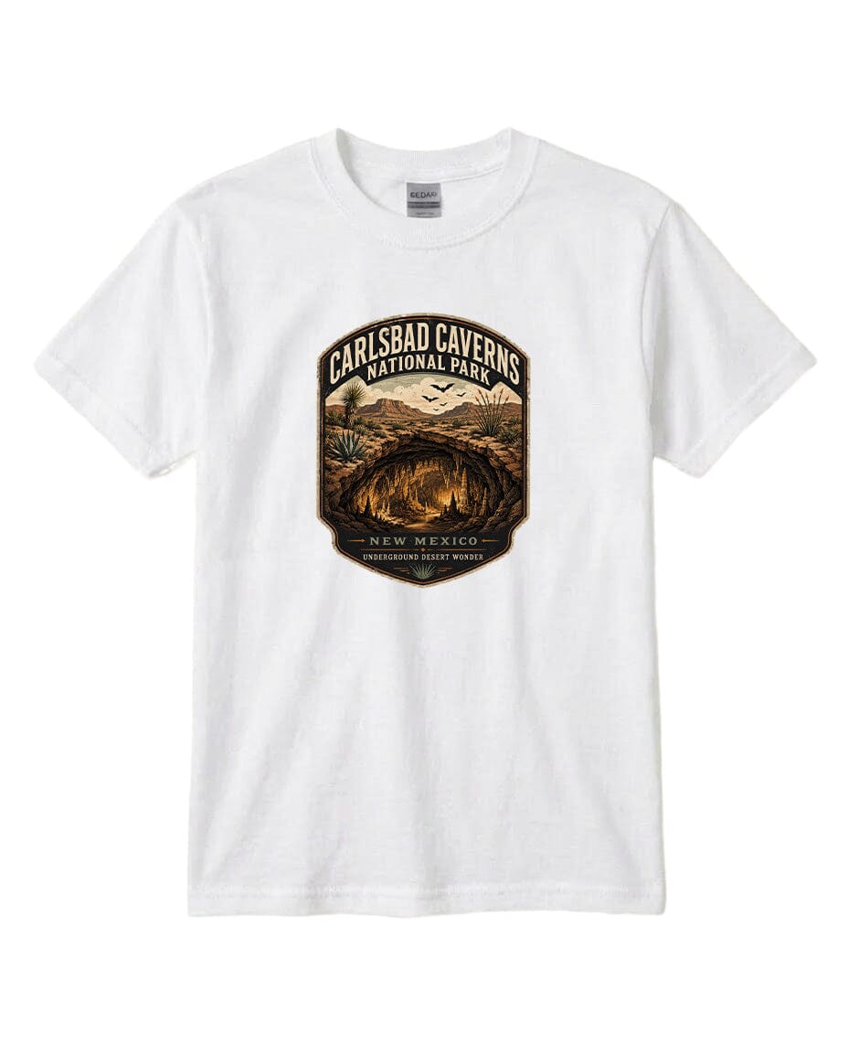 A white t-shirt with a graphic design featuring a desert landscape with a cave and mountains in the background.