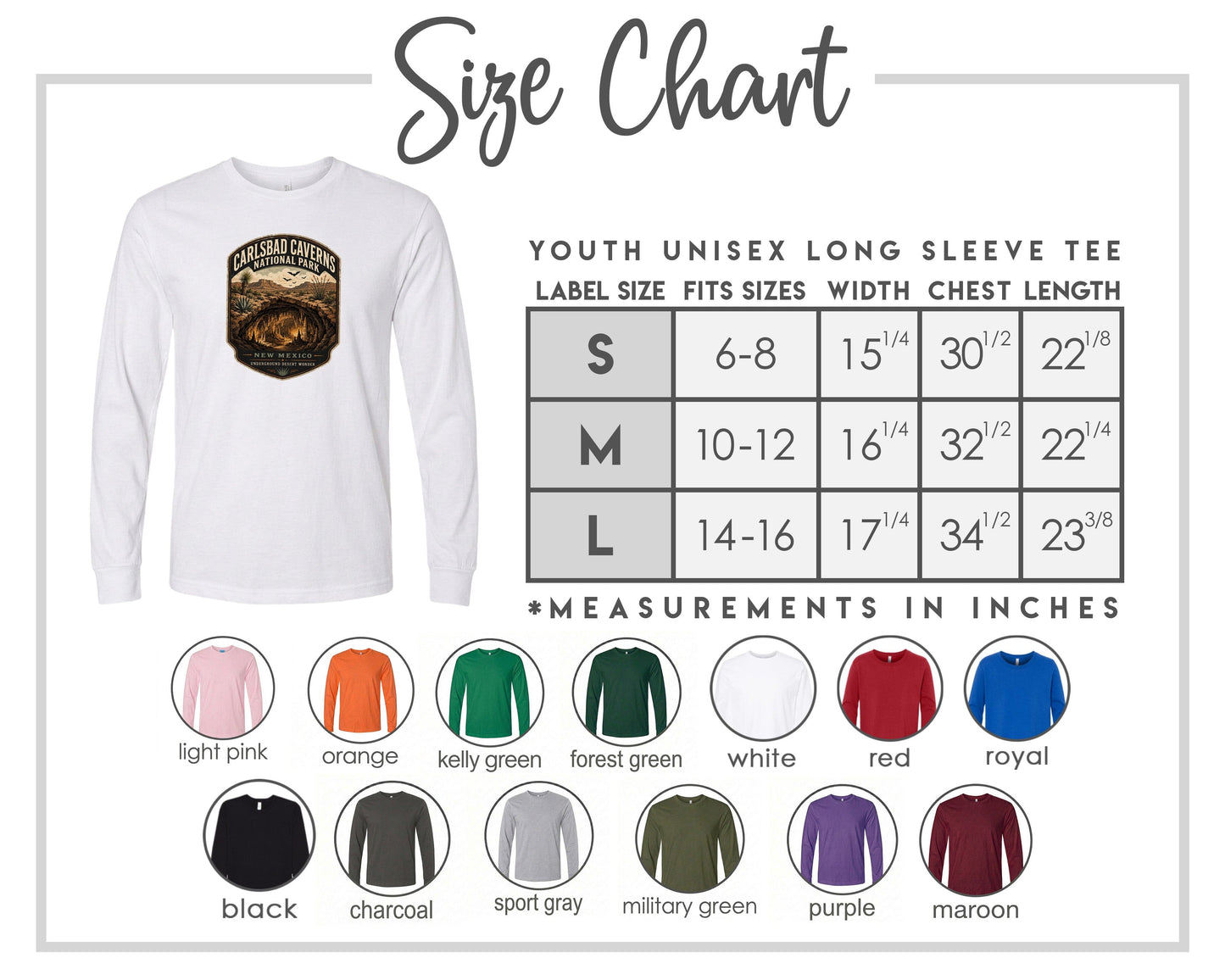 The image is a size chart for a youth unisex long sleeve tee, including various color options and corresponding measurements.