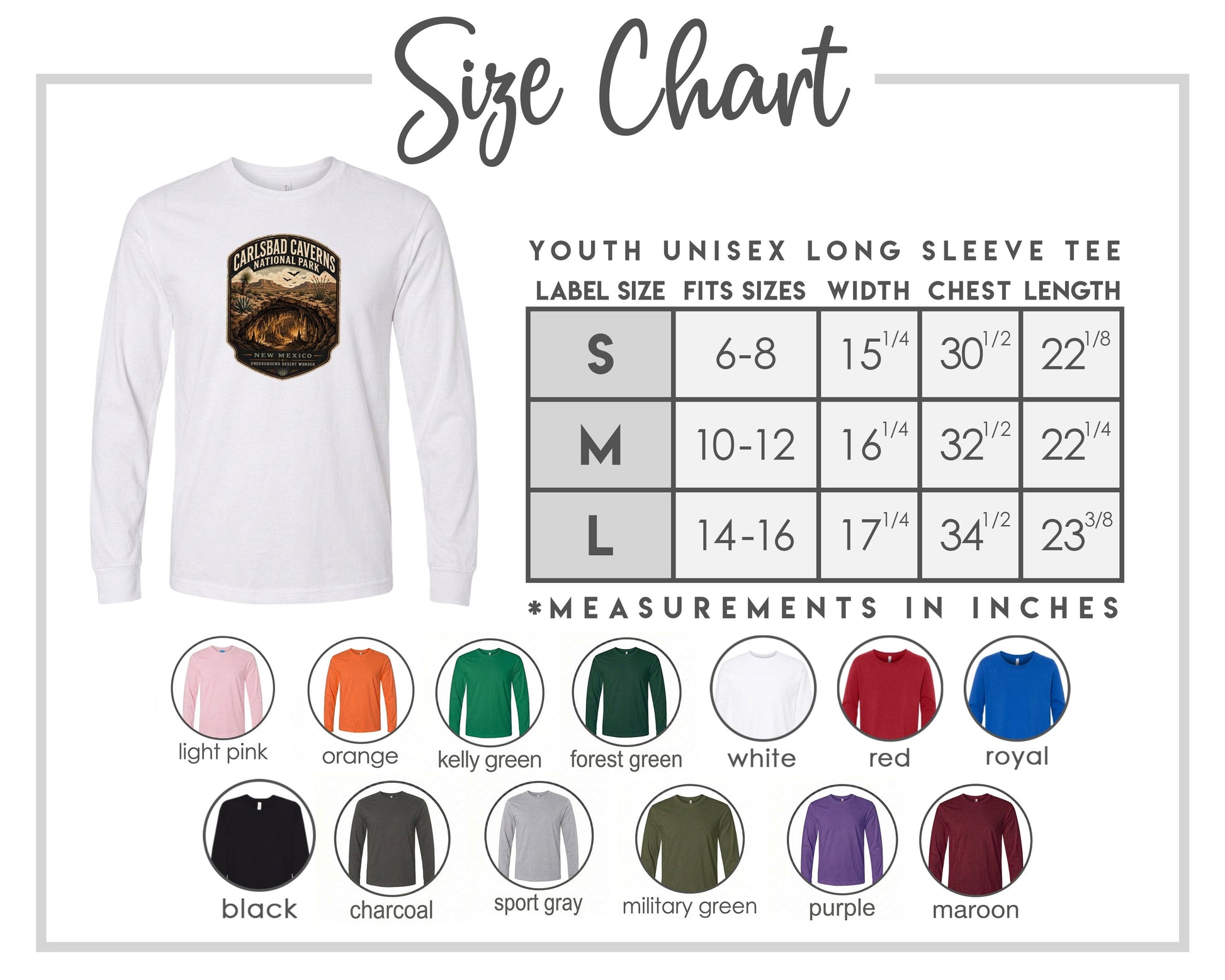 The image is a size chart for a youth unisex long sleeve tee, including various color options and corresponding measurements.