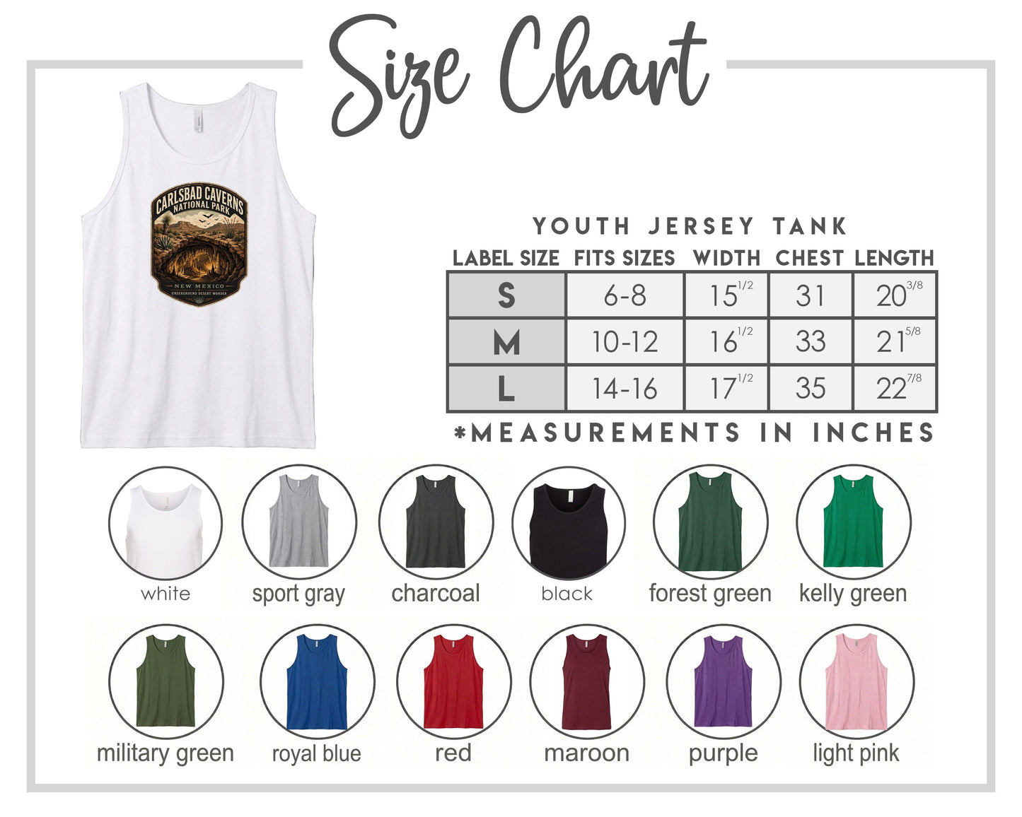 The image is a size chart for a youth jersey tank, displaying various label sizes and corresponding chest measurements.