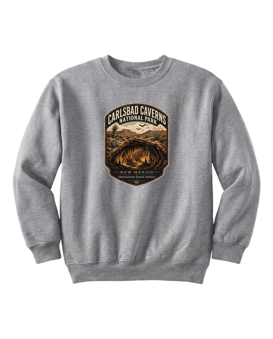 A gray sweatshirt with a graphic design featuring a shield-shaped emblem with text and an illustration of a desert landscape.