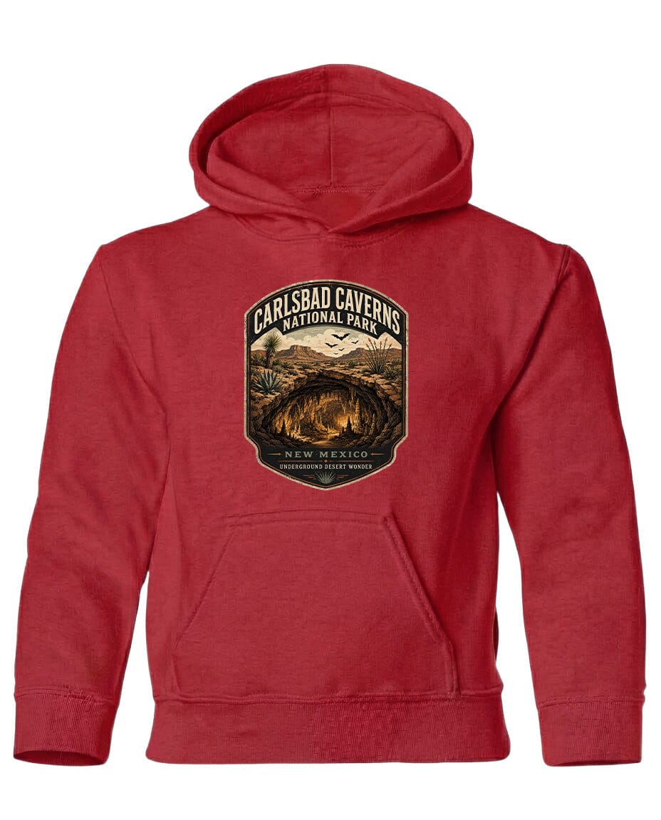 A red hooded sweatshirt with a graphic design depicting a cave or natural landscape.